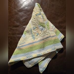 Handmade Vintage Crocheted Baby Blanket in Pastel Blue, Green & Yellow 24x24